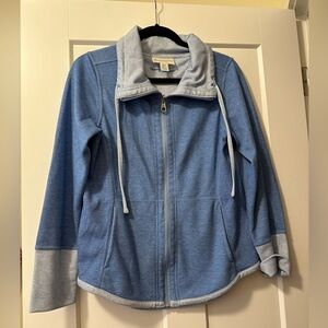 Tommy Bahama zip front sweatshirt. Reversible, solid blue to stripes. Size S